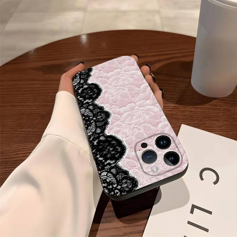 Lace Print Phone Case For iPhone 17,16,15,14,13,12,11,Pro,Max,Plus Soft Black Cover