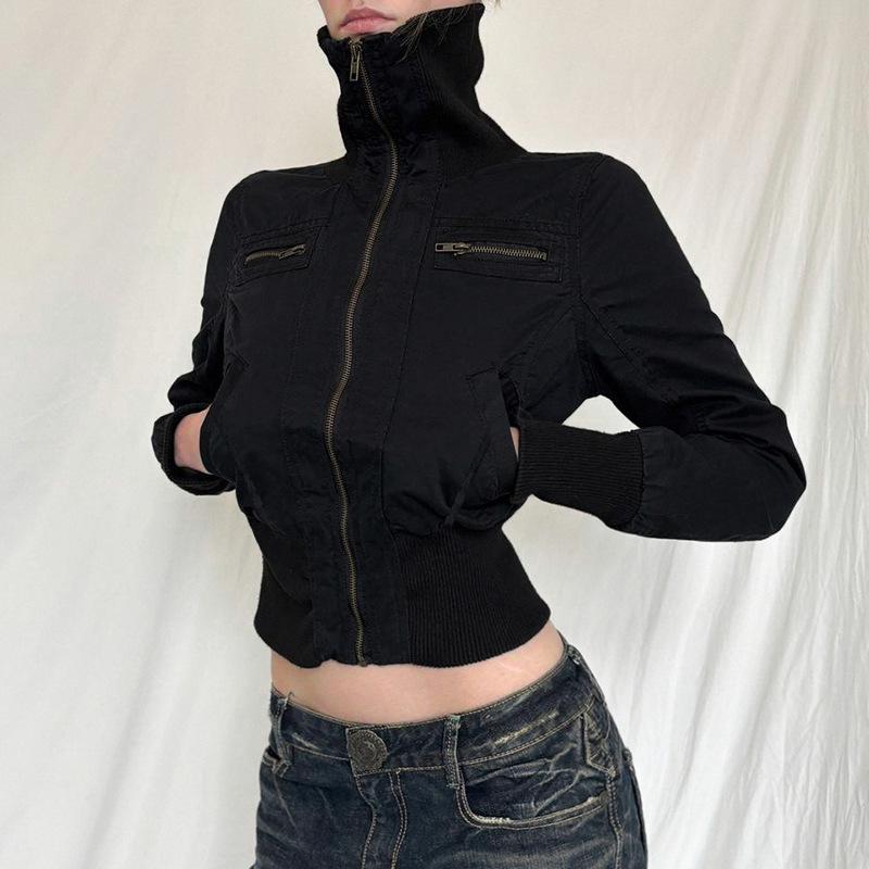 Women's Retro Fitted Waist Zipper Stand Collar Casual Workwear Jacket