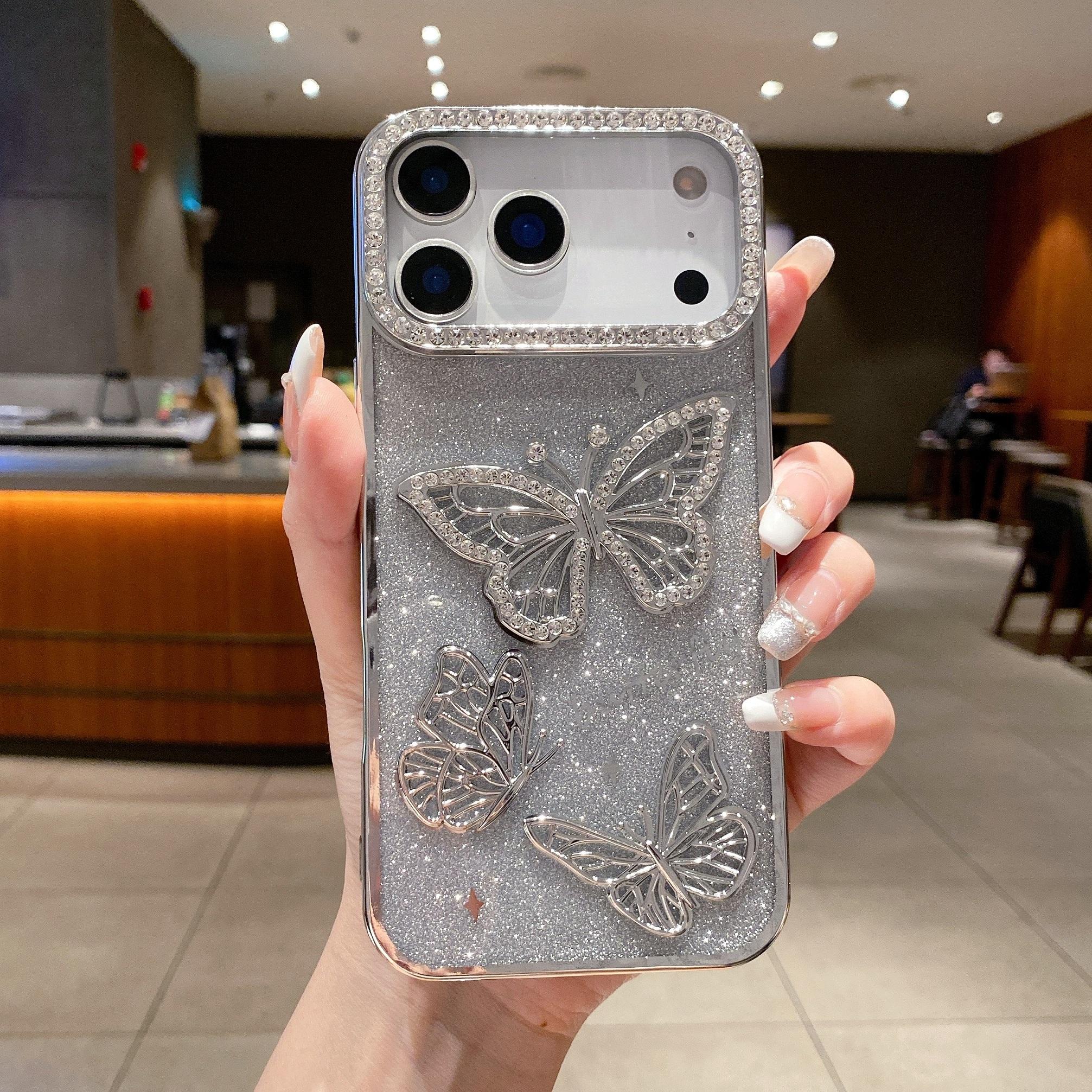 

For iPhone 17 Pro Max Case Rhinestone Butterfly Decor TPU Phone Back Cover Silver