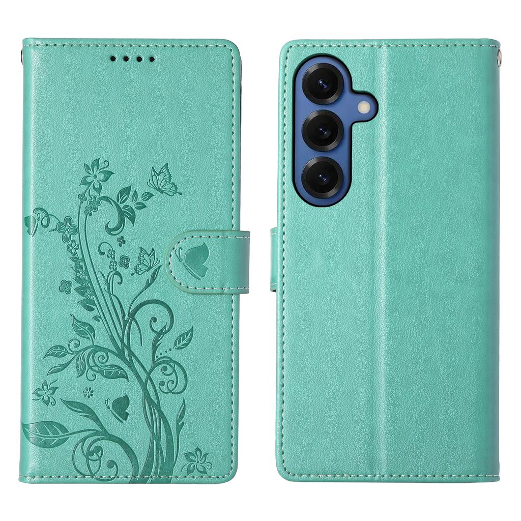 For Samsung Galaxy S26+ Wallet Case Butterfly Floral Imprint PU Leather Phone Cover with Wrist Strap