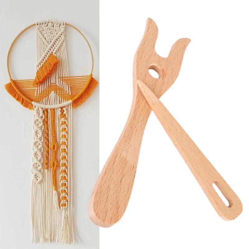 Wood Knitting Fork Big Eye Needle Set Ergonomic Grip for Beginner Adult Tapestry Knitting Bracelets Cord Braiding Tool
