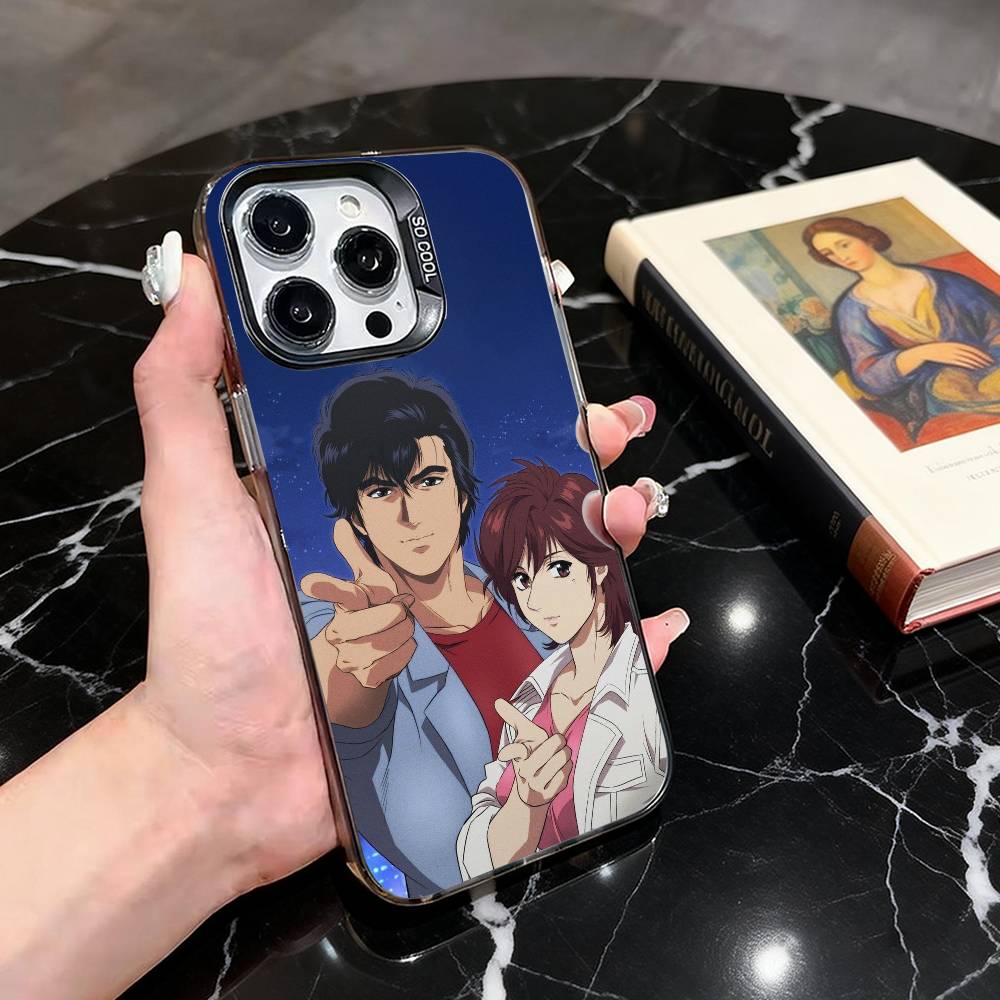 

C-City S-Saeba Ryo H-Hunter-chsr Phone Case For iPhone 17,16,15,14,13,12,11 Plus,Pro Max,XS,Colored Silver Plated Inside Cover iPhone14ProMax