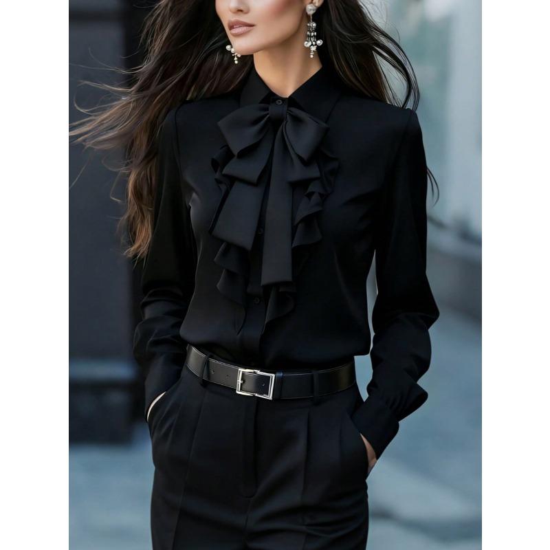 TIFICY Women's Fashion Casual Spring Autumn Solid Color Print Long Sleeve POLO Neck Blouses & Shirts