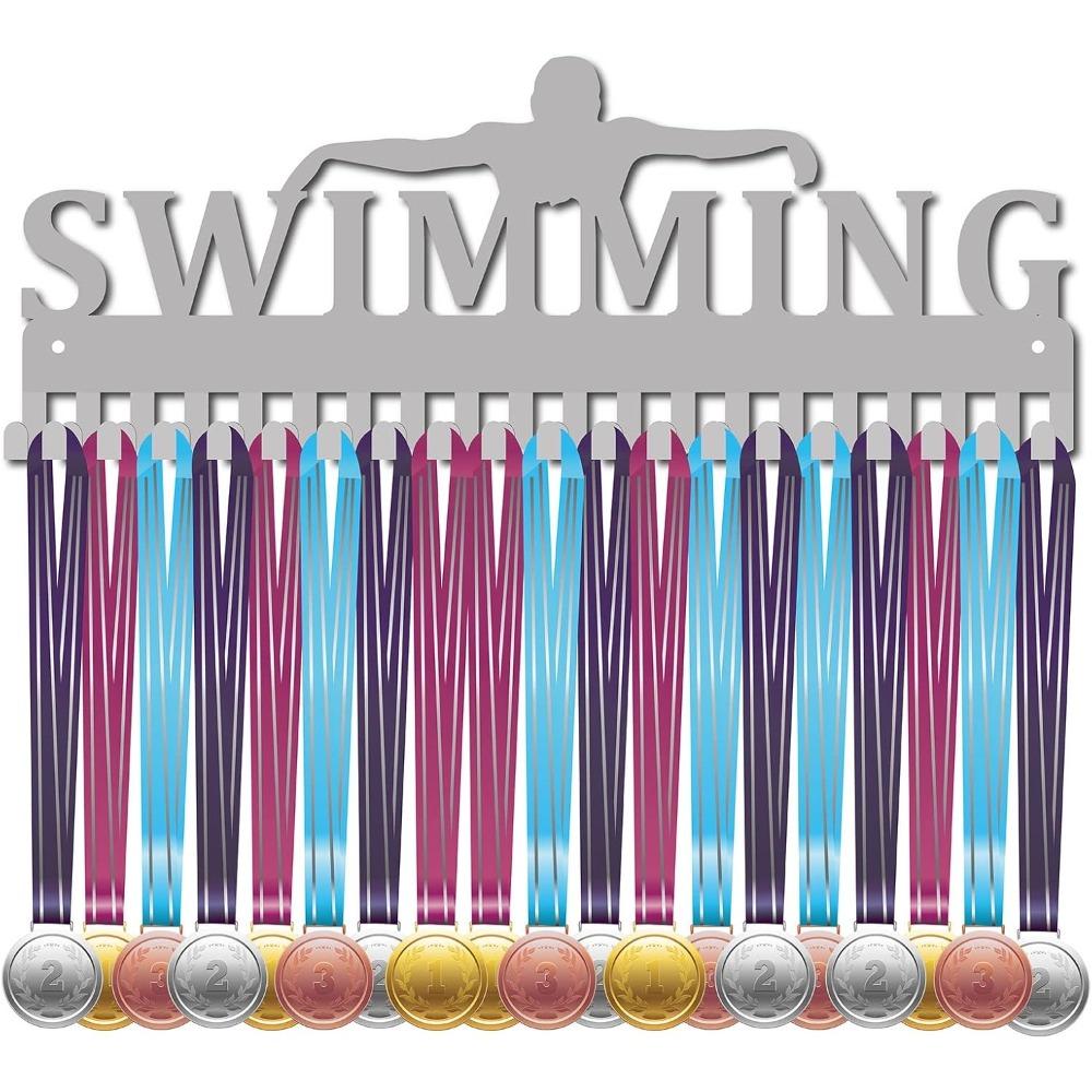 Metal Medal Display Rack Wall Mounted Holder Heavy Duty 20 Hooks for Sports Marathon Race Swimming Award Organizer Black 40x11cm