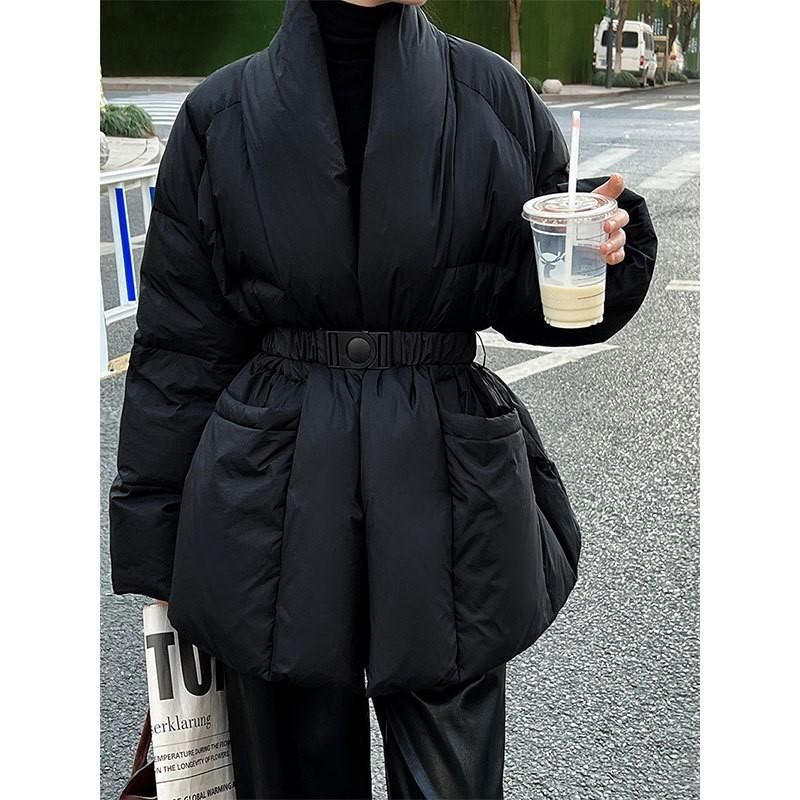 Johnature Winter V-neck Waist Down Jacket Women Lazy 90 White Duck Down Lace-up Chinese Warm Comfortable Jackets
