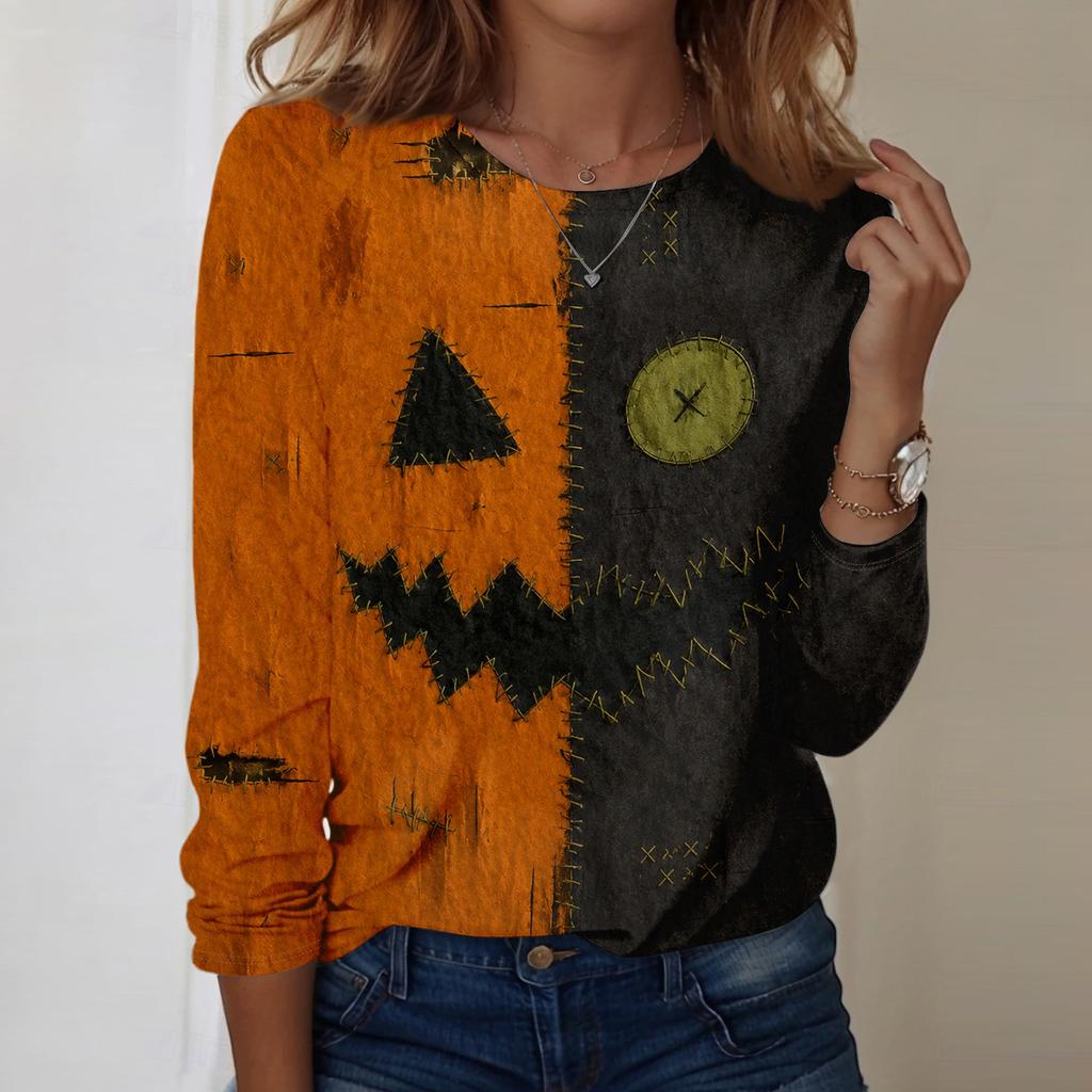Women's Casual Long Sleeve Sweatshirt Halloween Patchwork Stitching Design Crew Neck Pullover Top for Fall Seasonal Wear