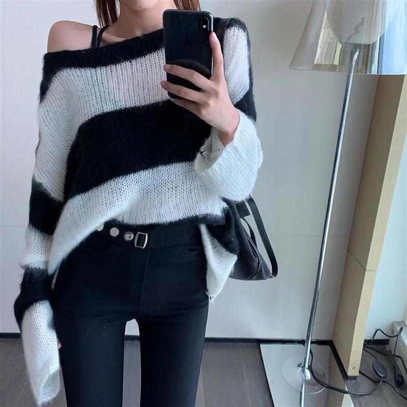 

Свитер с открытыми плечами, полосатый свитер, модный свободный и ленивый вязаный свитер, пальто, женский топ с длинными рукавами, осень S белый
