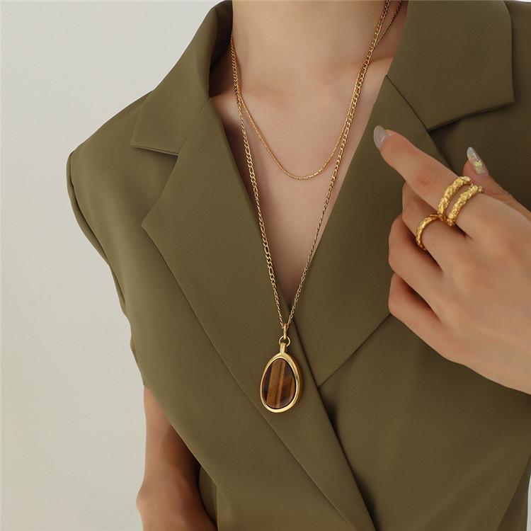 Manufacture Women'S Fashion Minimalist Jewelry Natural Tiger Eye Stone Double Layer Necklace for Sweater Chain Accessories