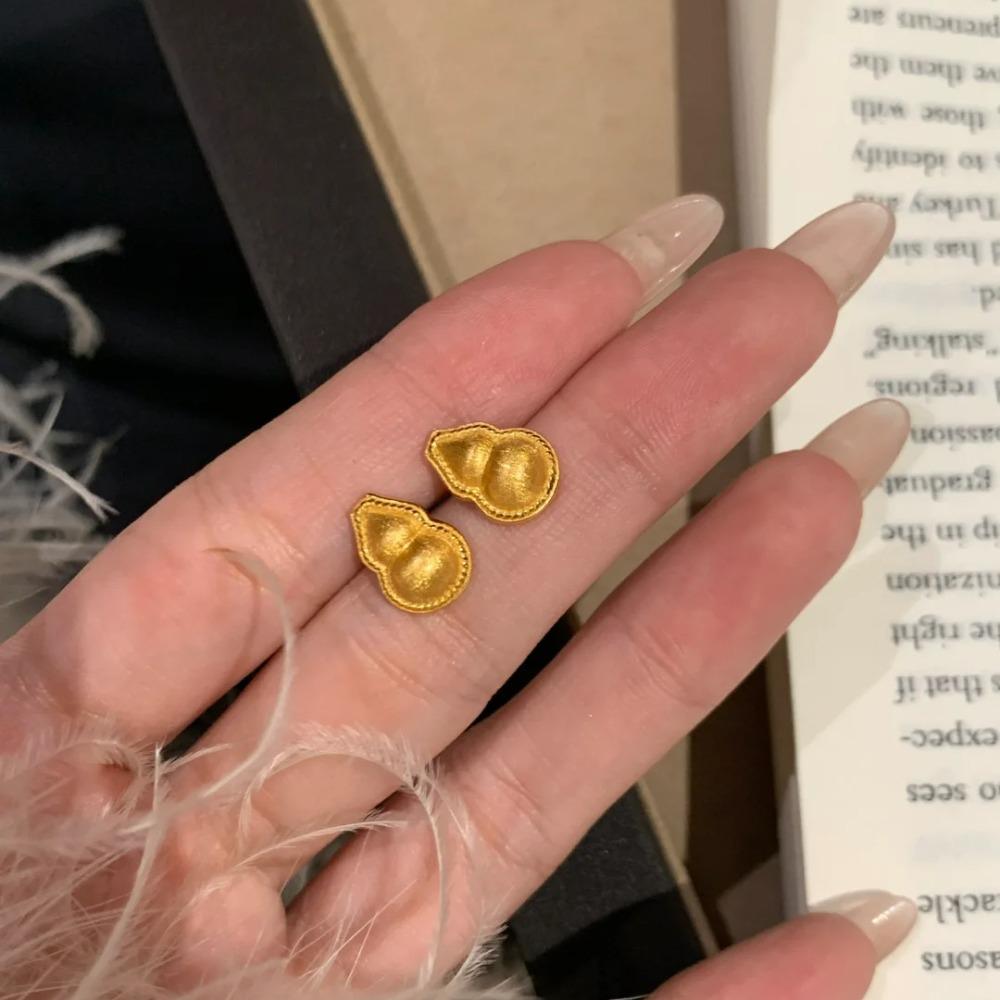 24K Gold Plated Mini Gourd Earrings Chinese Style Ancient Craft Wire Drawing Lucky Earrings for Women