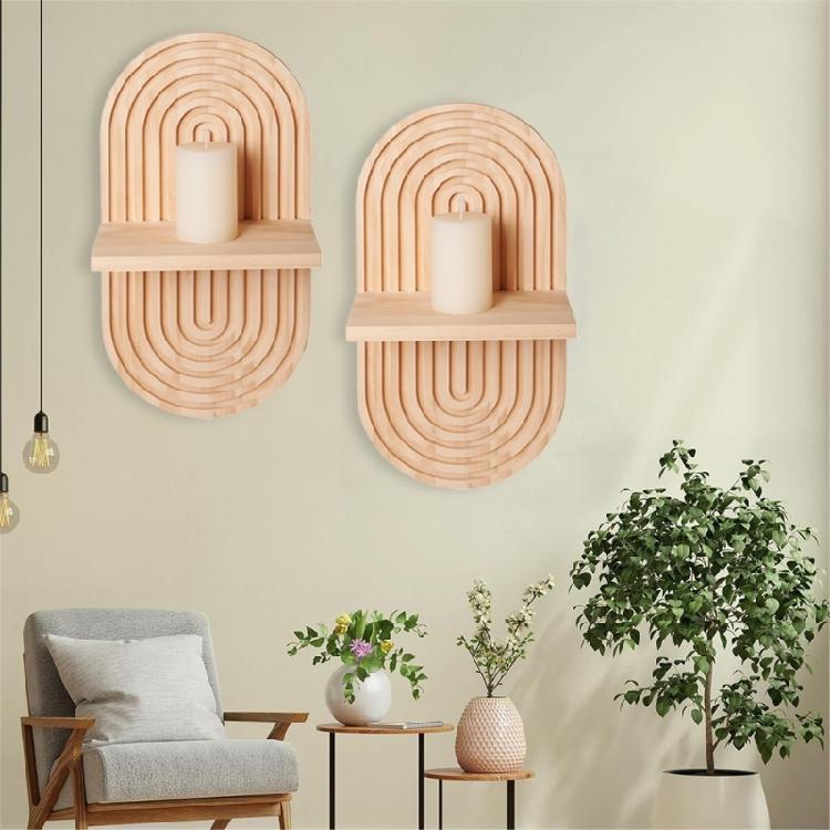 2Pieces Bohemian Wall Shelf Floating Shelves Oval Shape Storage Display Rack Hanging Shelf for Bathroom Bedroom Decors