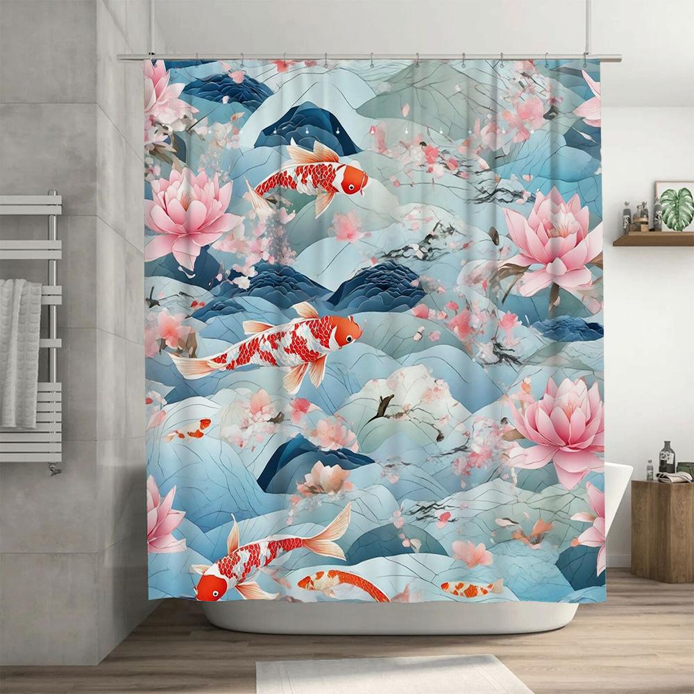 Charming Water Lily Koi Fish Shower Curtain Blue Pink Floral Decor for Bathroom Modern Bath Linen Size 72x84 Inch