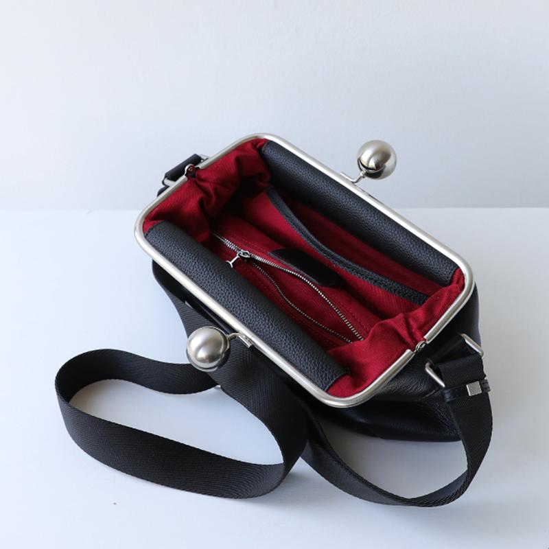 Women's Exquisite Clip Bag Luxury Genuine Leather Metal Ball Buckle Decor Bag  Retro Kiss Lock Bag Simple Shoulder Crossbody Bag