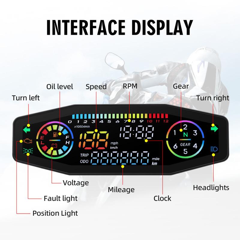 Universal Motorcycle Speedometer Moto Dashboard Fuel Level Gauge Tachometer 12K RPM Odometer 6 GEAR Digital Meters Sensor Set
