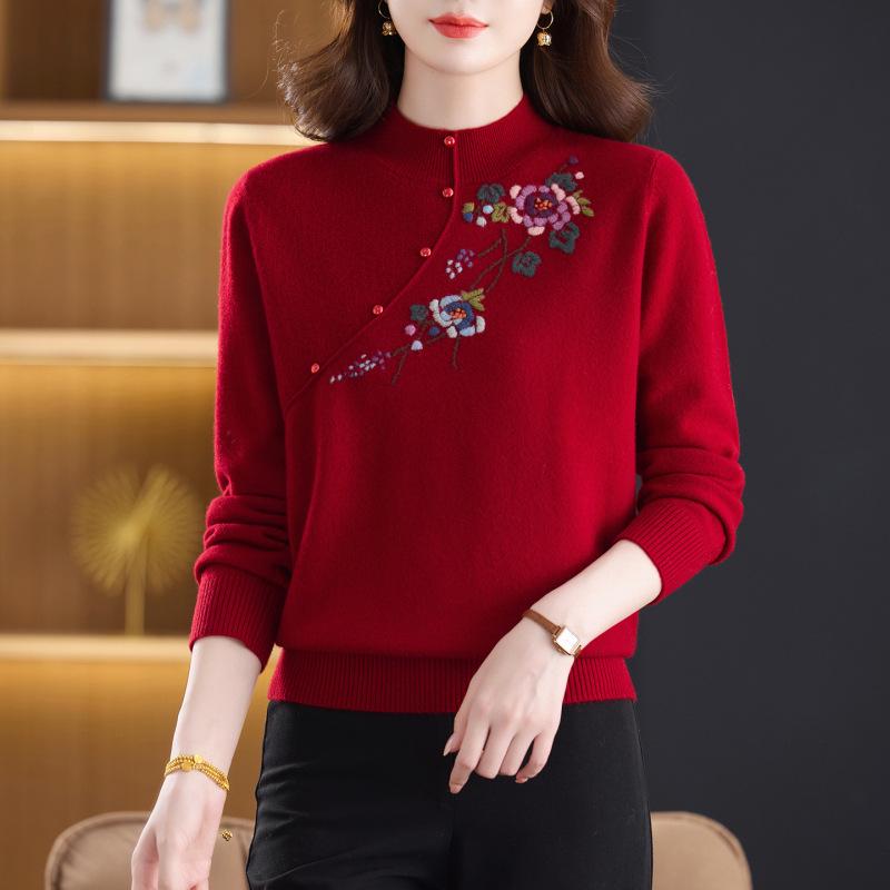 Stylish 100% Wool Sweater: Women's Autumn/Winter Embroidered Half-High Neck Knitwear, Warm Base Layer Cardigan