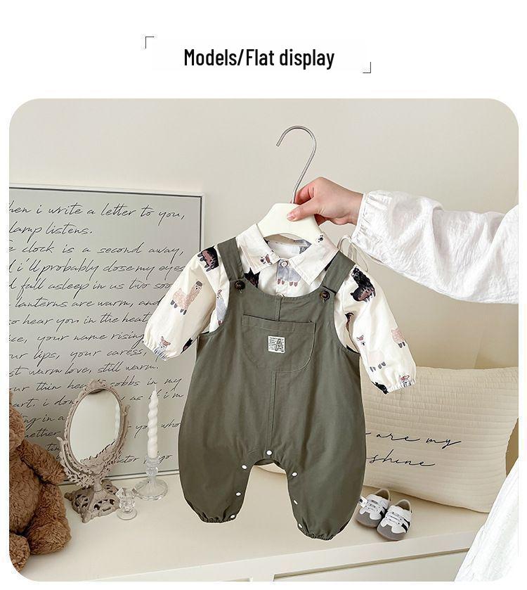 Boys' Autumn 2025 Korean Style Cartoon Shirt & Overalls Set - Fashionable Spring Outfit for Babies