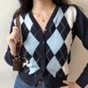 2024 Autumn Women's American Retro V-neck Diamond Pattern Cropped Knit Cardigan