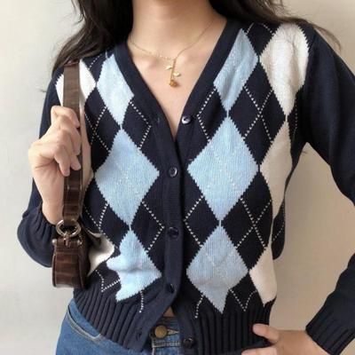 2024 Autumn Women's American Retro V-neck Diamond Pattern Cropped Knit Cardigan
