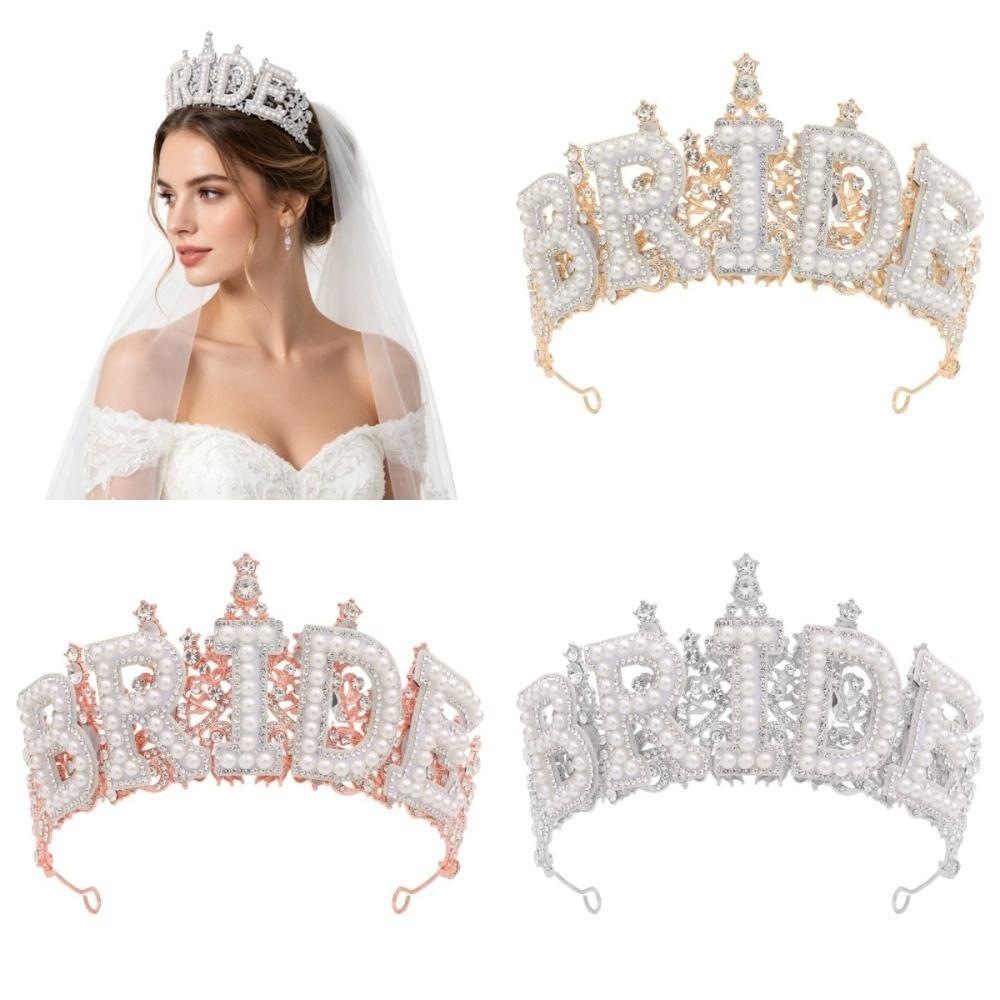 Wedding Decoration White Pearl Letter Crown Shiny Bride Tiara Zinc Zinc Alloy Rhinestone Headband Wife Gift