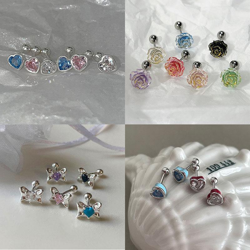 2PCS Acrylic Flower Stud Earring Fashion Women Shiny Colorful Screw Stud Earrings Stainless Steel Cartilage Helix Ear Piercing Jewelry Accessories