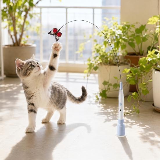 Brinquedo Varinha Borboleta Elétrica para Gatos, Vara de Provocar Gatos com Ventosa, Brinquedo Automático Interativo de Vara para Provocar Gatinhos para Exercício e Brincadeira de Gatos