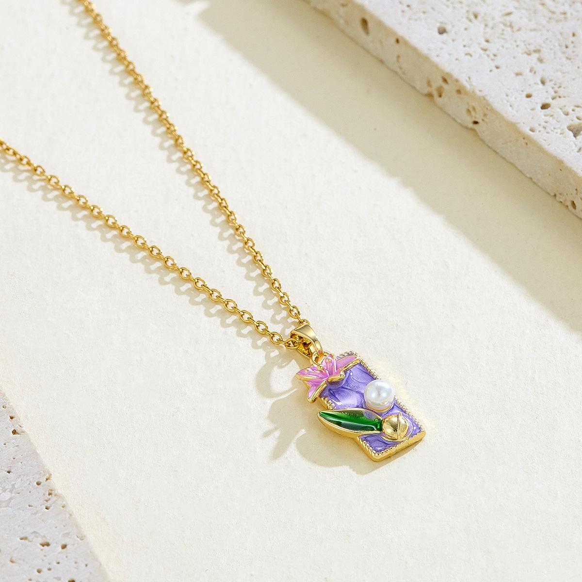 Cross-border New French Style Vintage Imitation Pearl Oil Drop Pendant Light Luxury Enamel High-end Painted Flower Square Bamboo