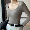 U-neck Sweater Solid Color Slim Knitted Sweater T-shirt Long-sleeved Top Low-neck Inner Layer Slim Pullover Women's Clothing