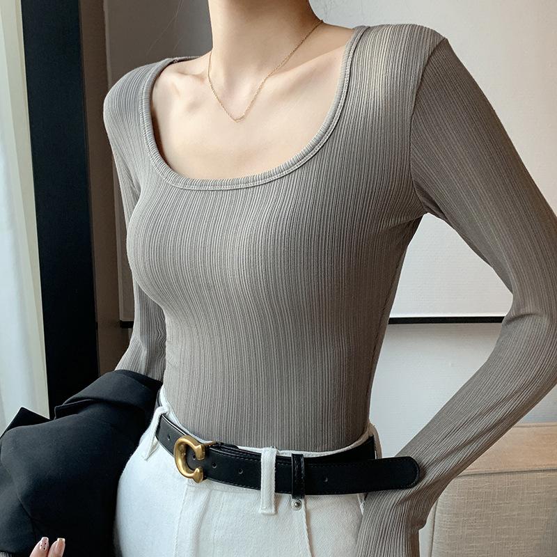 U-neck Sweater Solid Color Slim Knitted Sweater T-shirt Long-sleeved Top Low-neck Inner Layer Slim Pullover Women's Clothing