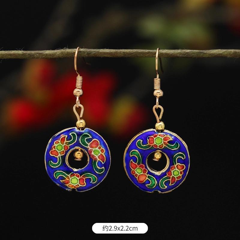 Chinese retro cloisonne enamel earrings female classical temperament simple flower earrings niche design earrings