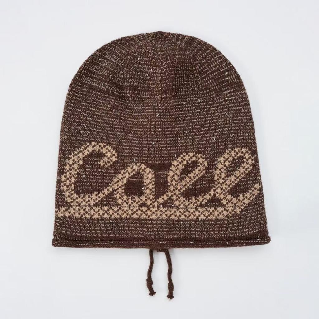 Autumn and winter letter retro drawstring stacking hat women's casual versatile ear protection big head circumference warm knitted wool hat