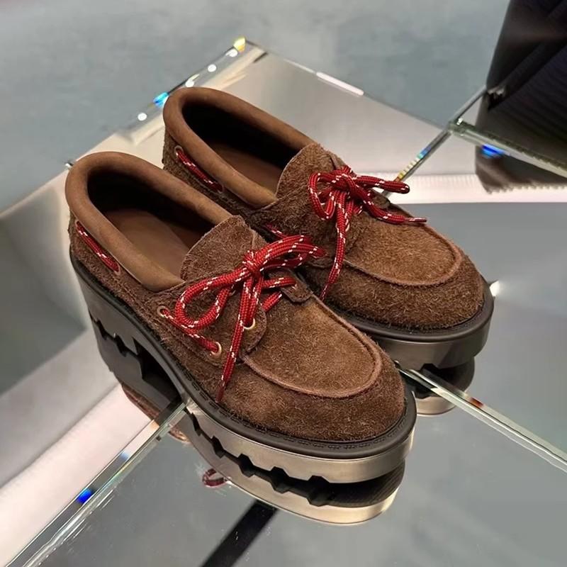 Cowhide Internet celebrities with the same miu retro leather lace-up thick heel heightening lazy loafer single shoes women's small leather shoes