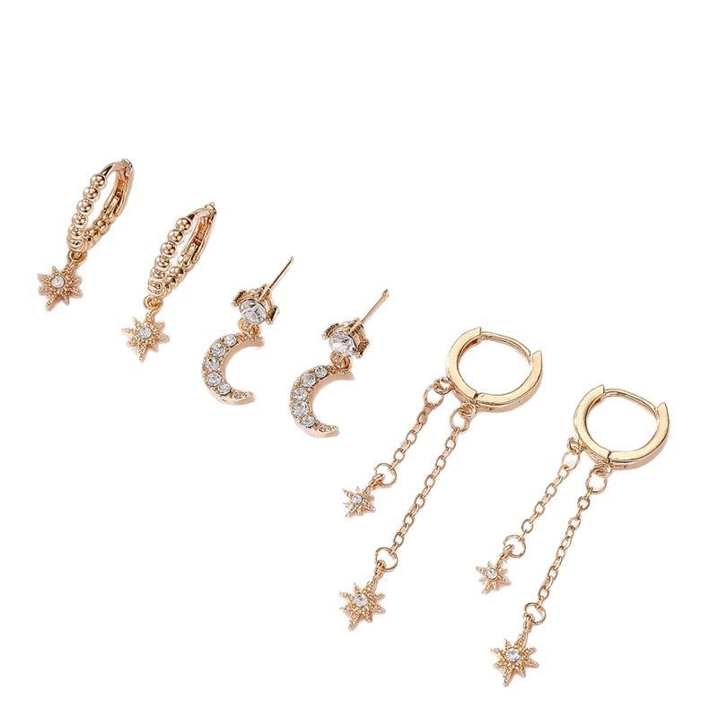Star and Moon Chain Tassel Earrings - Hexagram Personality Fashion Zircon Earring Set for Women's Ear Pendants