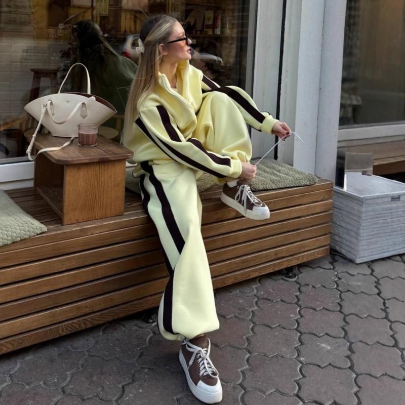Casual Suit Women's Street Style Long-sleeved Color-matching Zipper Cardigan Elastic Trousers Two-piece Set