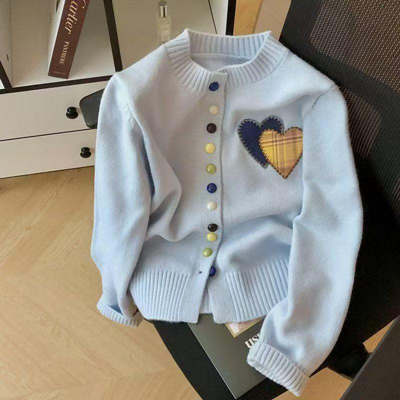 

Korean Heart Embroidered Knit Cardigan with Colorful Buttons, 2025 One Size синій