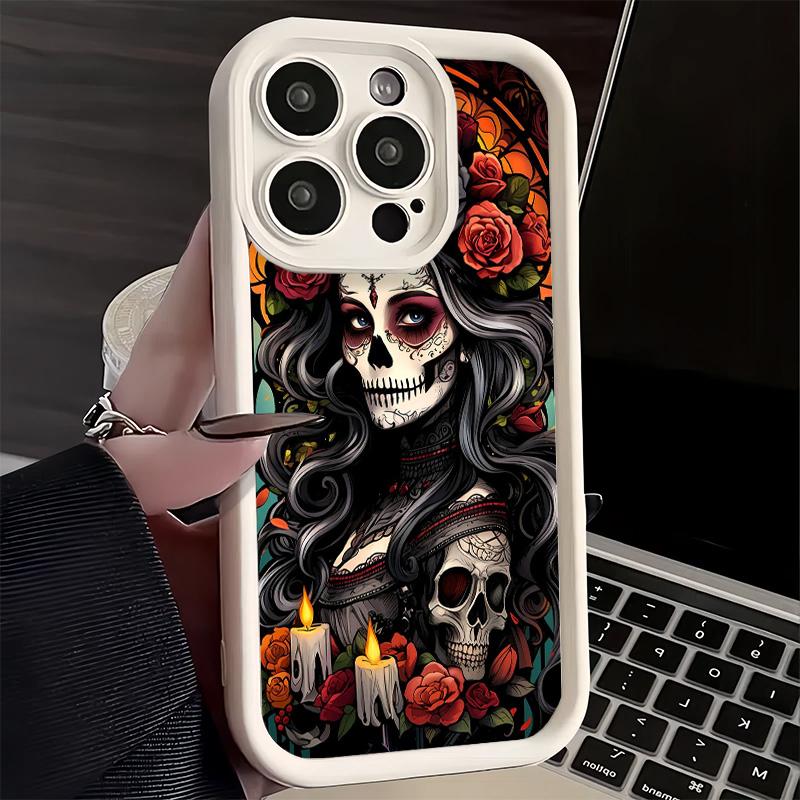 Phone Case for iPhone 17 Air 16E 15 16 Pro Max Catrina Beautiful Rose Girl Skull Cover 14 Plus 13 12 Mini Soft Shell Silicone Fu