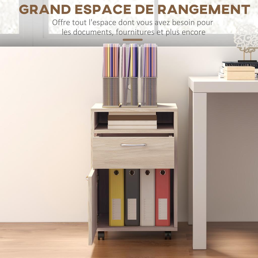 Office Pedestal Unit on Wheels with Drawer Cupboard and Niche for Documents and Suspended Files 40 x 35 x 60 cm Oak