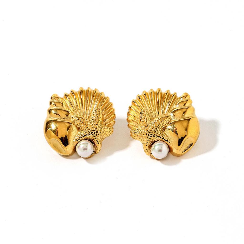 Yingtai Retro Geometric 18k Gold-Plated Stainless Steel Conch-Shaped Earrings