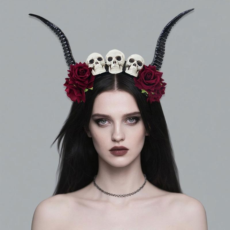 Gothic Lace Rose Devil Horn Headpiece Stylish Hair Hoop Lightweight Photoshoots Props For Halloween Cosplay Event