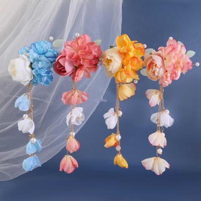 Hanfu-Kopfschmuck im Tang-Stil aus Seide mit floralem Muster und Quasten, Haarklammer für Damen und antikes Seiten-Accessoire