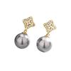 Hollow Four-Leaf Clover White Pearl Stud Earrings Exquisite Cold Wind Super Flash Zircon Flower Gray Bead Earrings