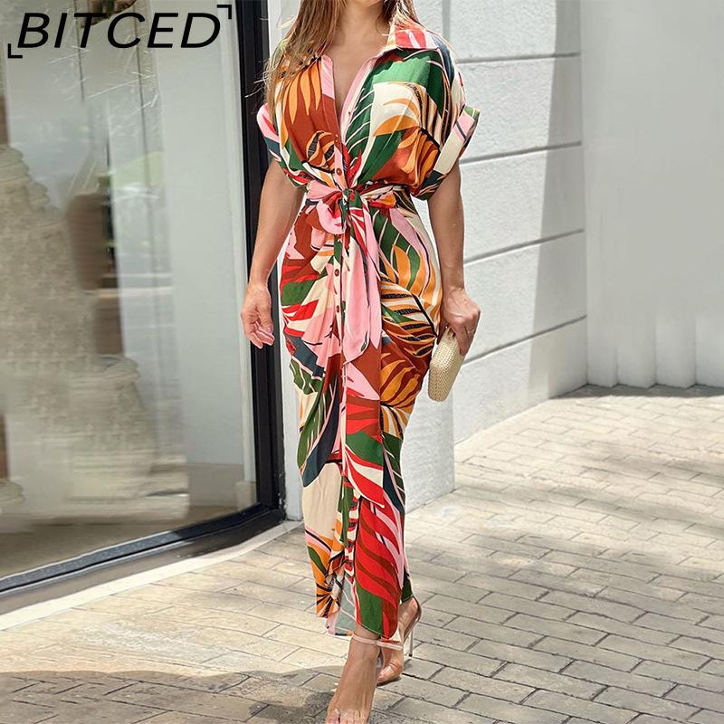 BITCED Damen Hemdkleid mit Kragen, mittellang, kurzärmelig, einreihig, hoch tailliert, Frühling