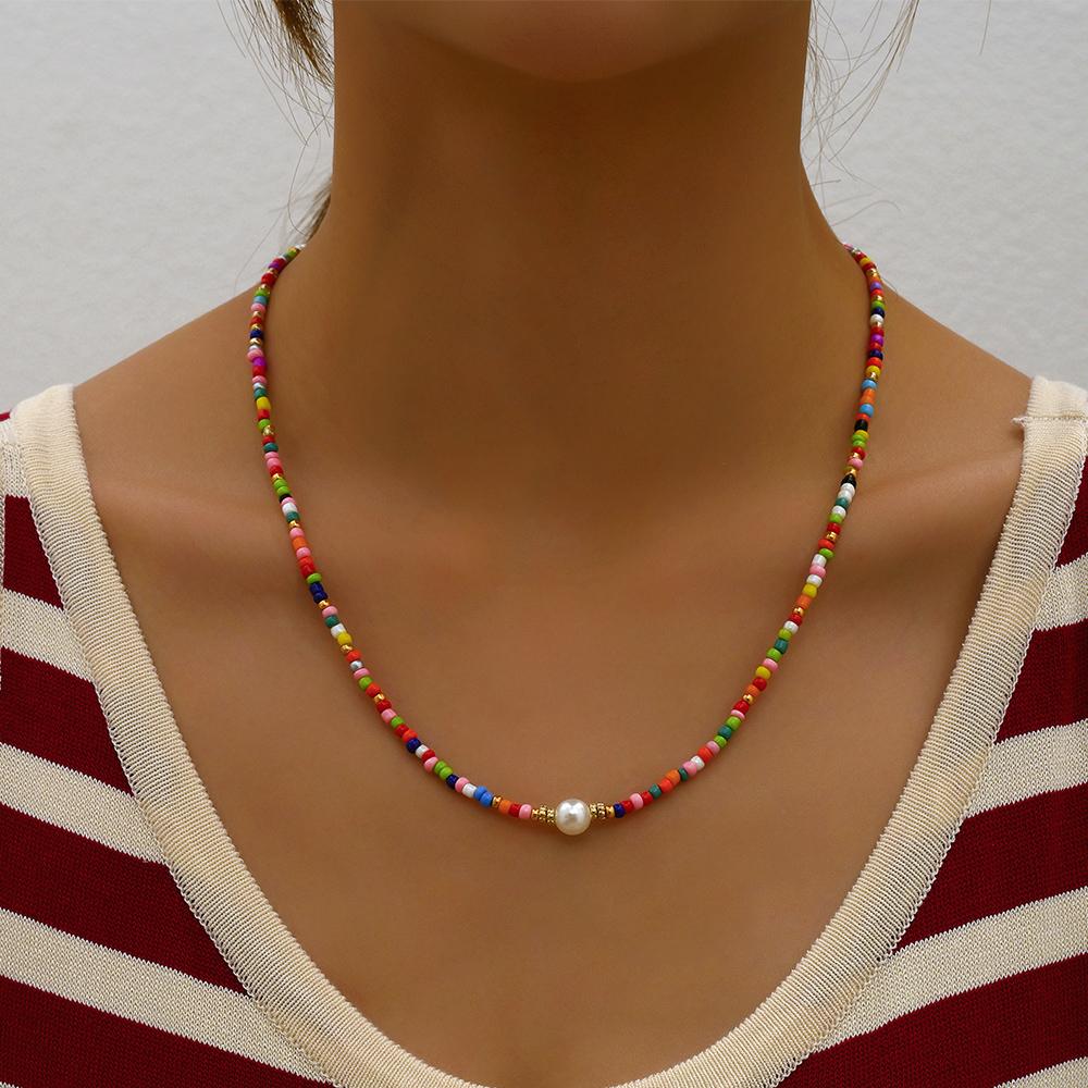 Bohemian Handmade Colorful Beads Chain Necklaces Tassels Pearl Pendant Jewelry For Women Accessories N0368