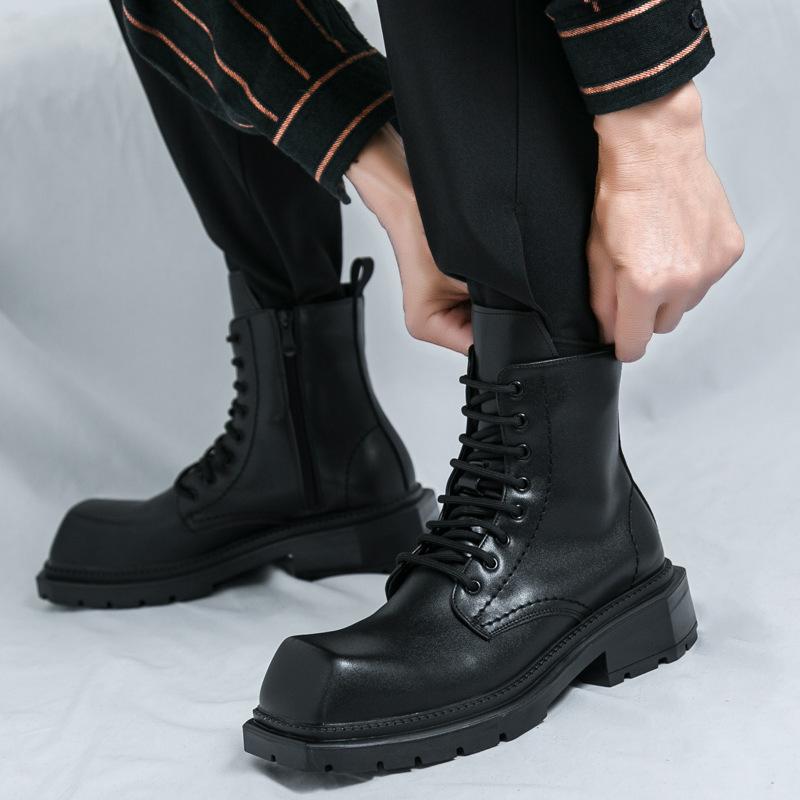 European & American Plus Size Men's Autumn High-Top Martin Boots – British Style Retro Motorcycle Leather Boots with Height Increase