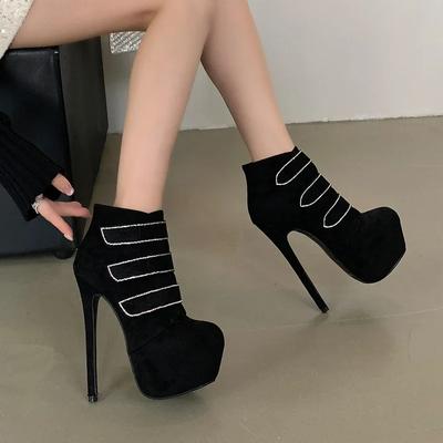 2025 Autumn/Winter New WOMEN'S Fashion Sexy16cm High Heels Ankle Boots Large Size 35-42 Platform Round Toe Diamond Dress Shoes