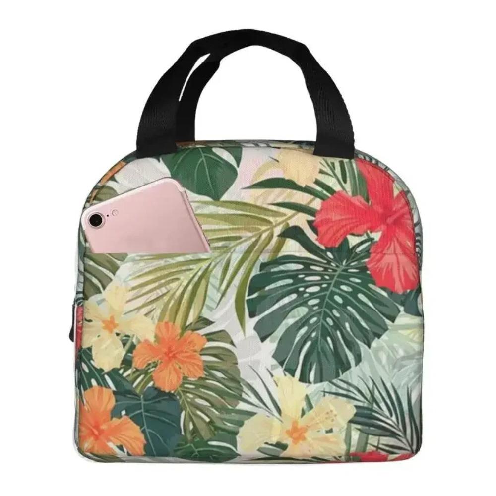 Red Hibiscus Large Insulated Lunch Bag Blue Tropical Leaves Hawaii Floral Lunch Box for Boys Girls Men Women Work Shcool Picnic