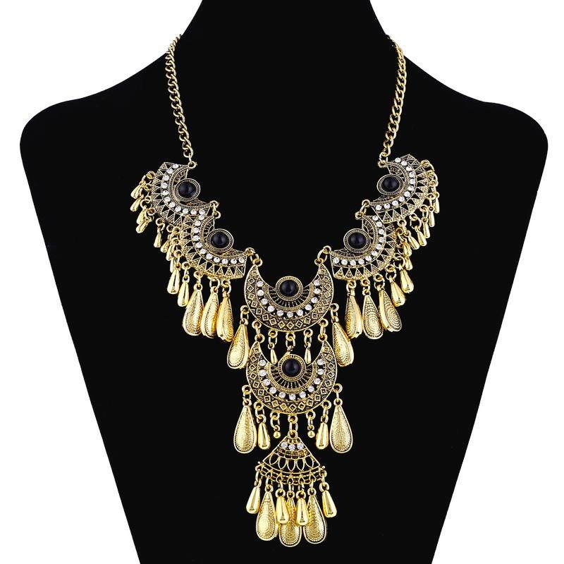 Vintage Ethnic Exaggerated Statement Necklaces Antique Silver Carved Water Drop Tassel Necklaces For Women Boho Jewelry