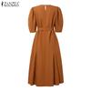 ZANZEA Women Casual Round Neck Loose Half Sleeve Long Dress