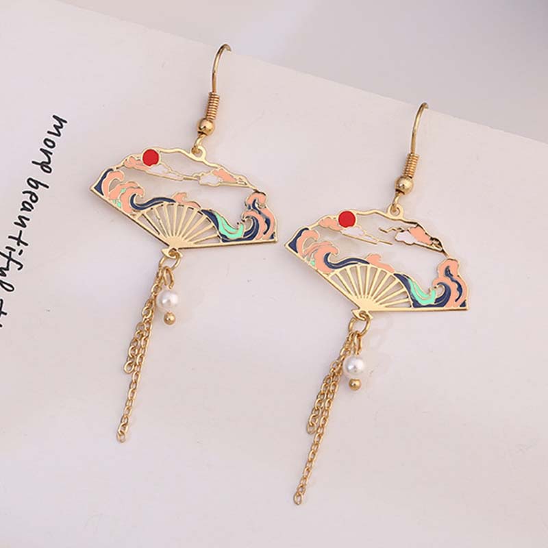 Vintage Chinese Style Flower Fan Earrings for Women Cute Asymmetrical Crane Cat Drop Earring Girls Party Daily Fashion Jewelry