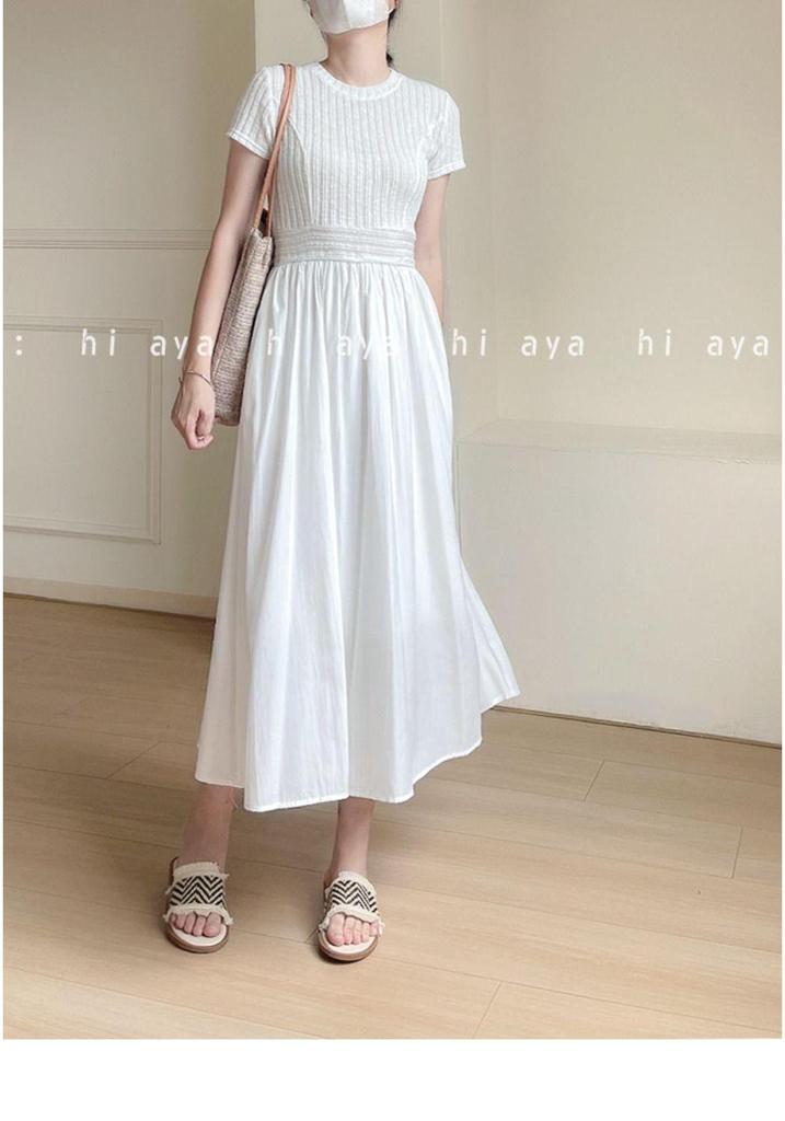 Elegant Slim-fit Round Neck Patchwork Dress for Women - Waist-cinching Solid White, Gentle Style, Summer Long Dress