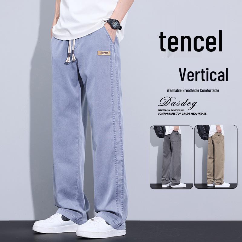 Men's Summer Tencel Jeans: Lightweight, Loose-Fit Straight-Leg Drawstring Sports Shorts, Trendy Workwear Casual Nine-Point Pants