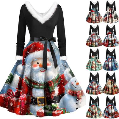 Damen Casual Fashion Plüsch V-Ausschnitt Weihnachten bedruckte Kleider